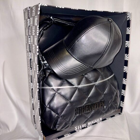 Steve Madden Black Gift Set Quilted Nylon Hobo & Baseball Cap Leather Look HTF - Picture 2 of 7